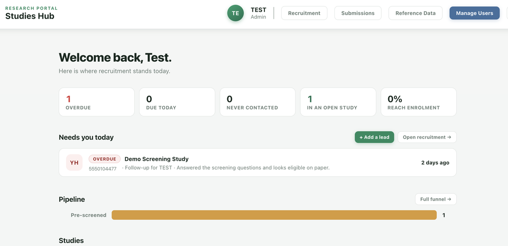Studies Hub recruitment portal dashboard